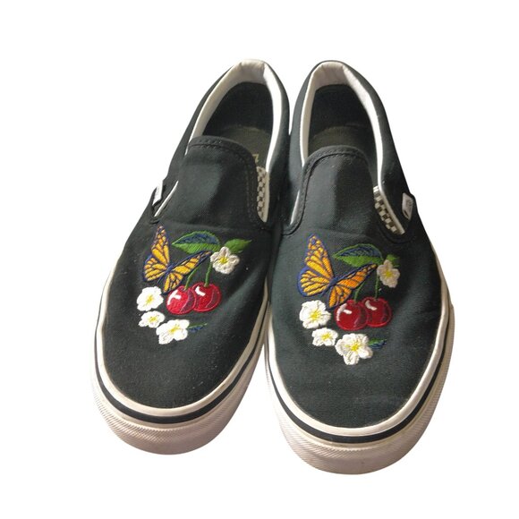 Vans Women's 8.5 Embroidered Butterfly Cherry Black Floral Slip On Sneakers Shoe - Picture 1 of 6